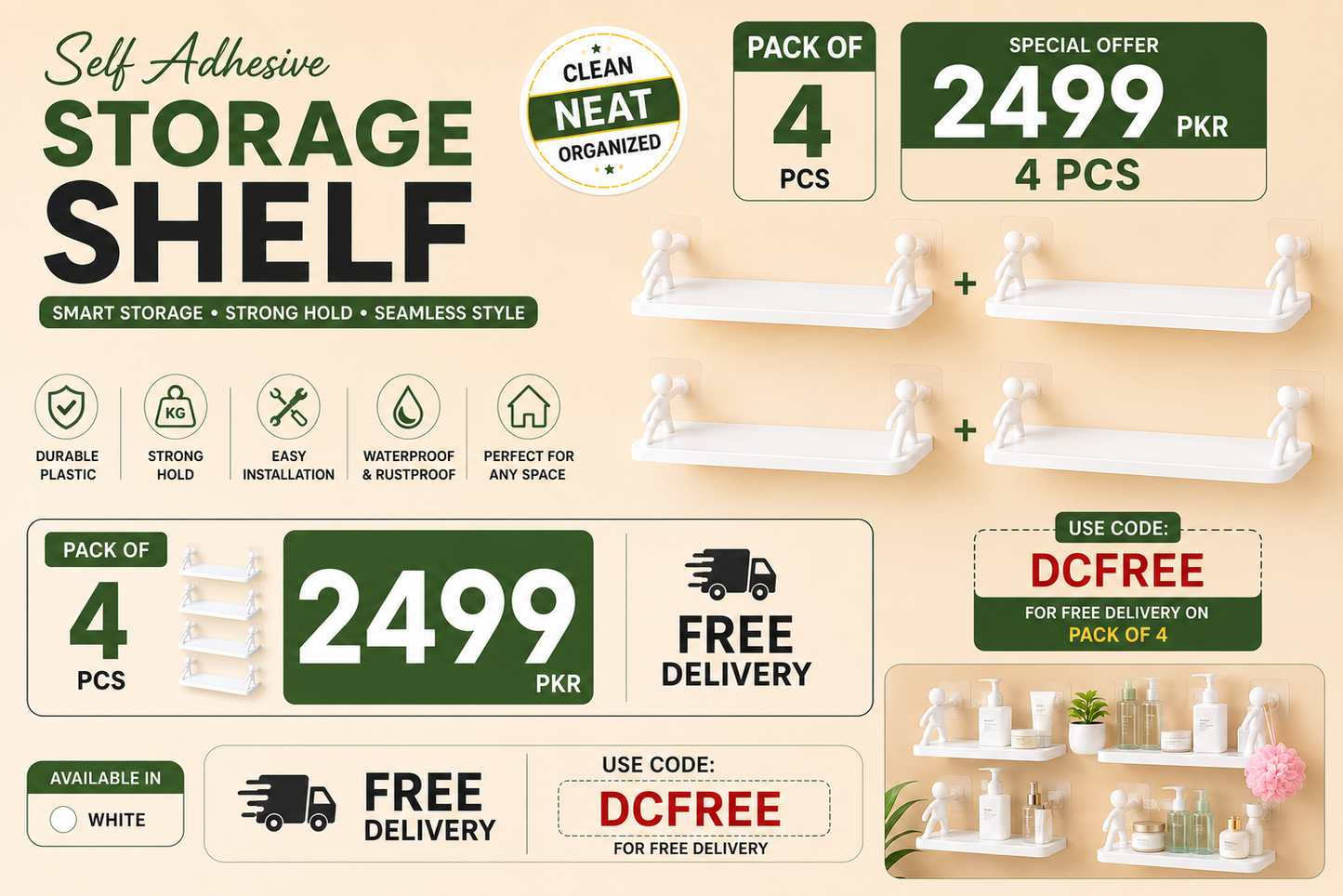 Pack of 4 Self Adhesive Storage Shelves