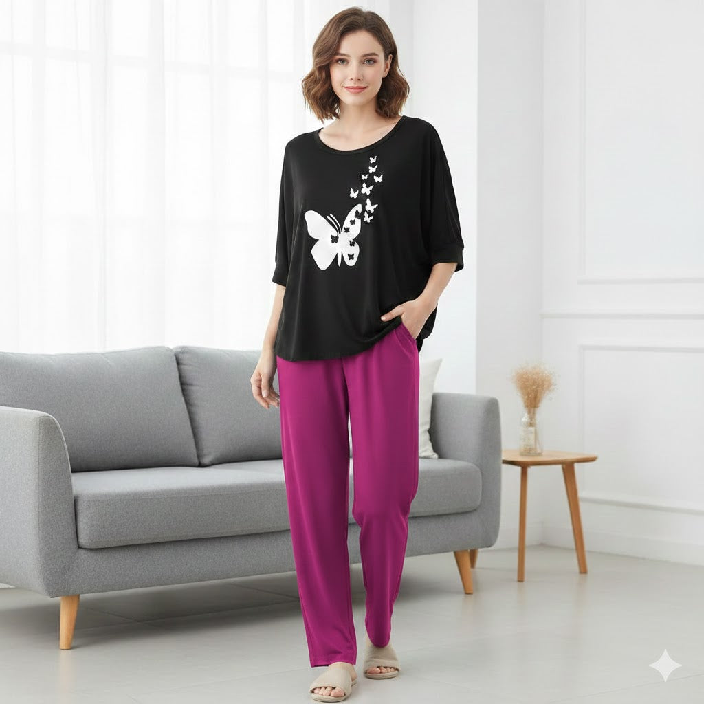 Women’s 2-Piece Butterfly Printed Night Suit – Soft & Breathable Lounge Wear PJ Set