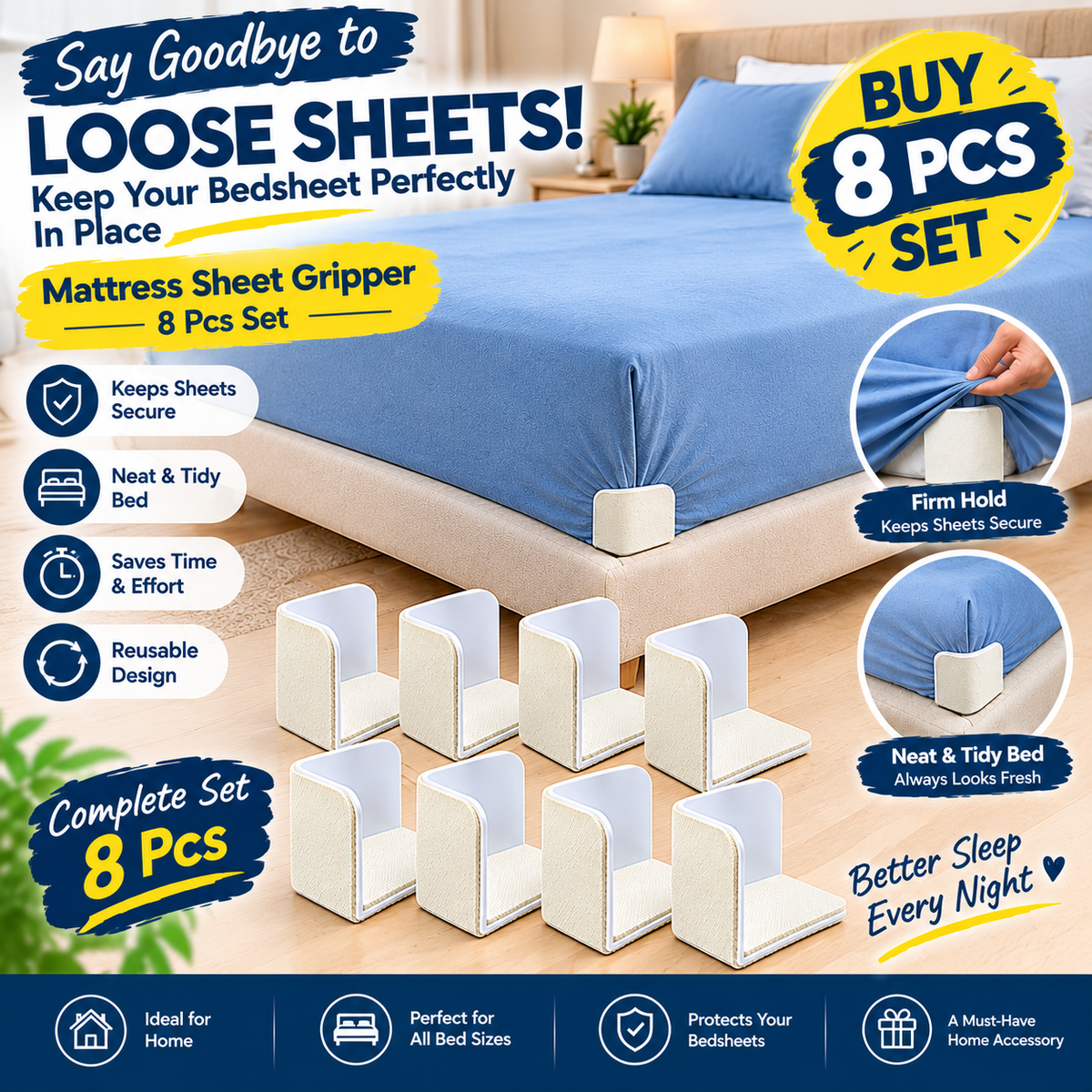Bed Sheet Fasteners Clips – Anti-Slip Mattress Corner Sheet Holders (Set of 4)