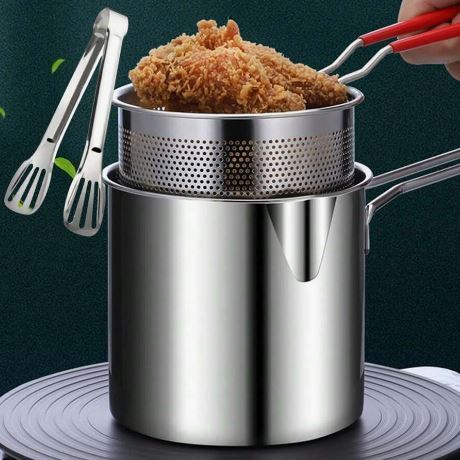 Stainless Steel Deep Fryer with Strainer Basket – 1200ml Oil Pot | Frying & Oil Draining Pot for Kitchen Use