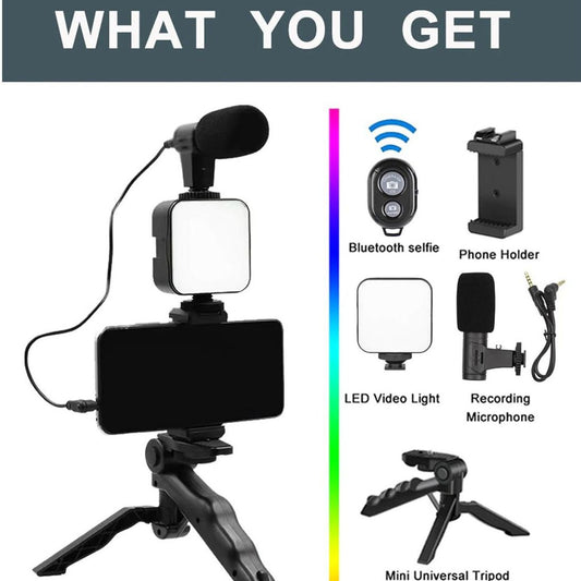 Smart AY49 Vlogging Kit – RGB LED Light, Microphone, Mini Tripod & Remote | Complete Video Recording Setup for Smartphone & Camera