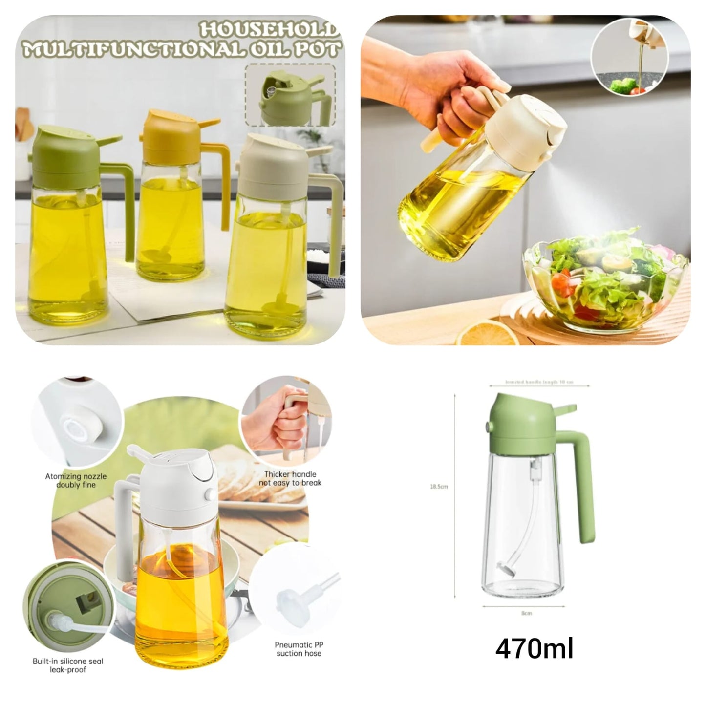 2-in-1 Cooking Oil Sprayer & Dispenser – 470ml Glass Olive Oil Bottle