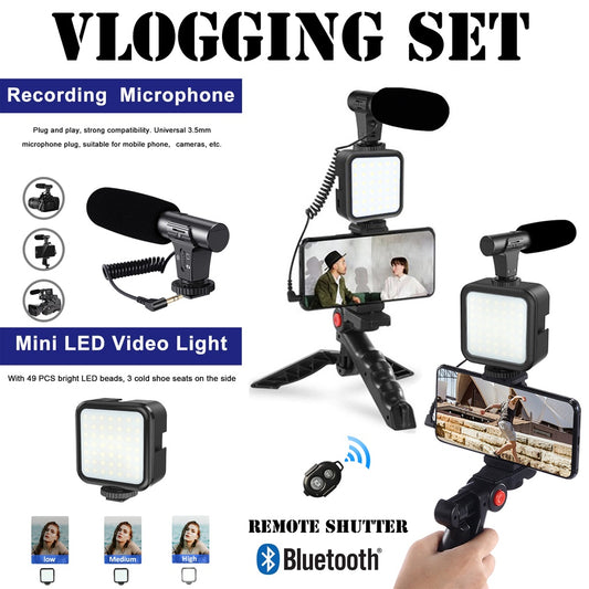 Smart AY49 Vlogging Kit – RGB LED Light, Microphone, Mini Tripod & Remote | Complete Video Recording Setup for Smartphone & Camera