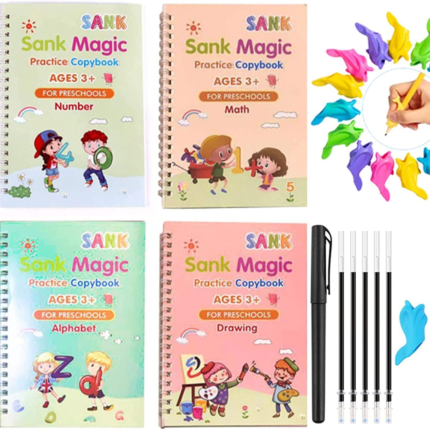 Magic Practice Book – Handwriting Tracing (4 Books + 10 Ink Refills) | Reusable for Kids