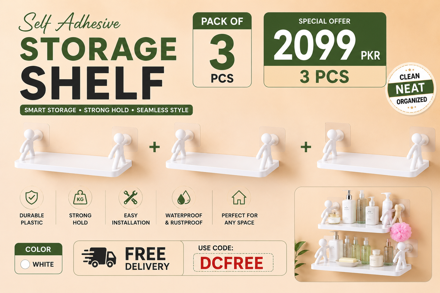 Pack of 3 Self Adhesive Storage Shelves