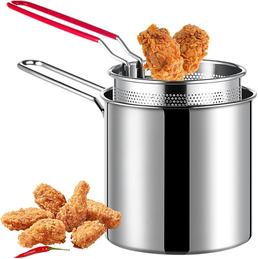 Stainless Steel Deep Fryer with Strainer Basket – 1200ml Oil Pot | Frying & Oil Draining Pot for Kitchen Use