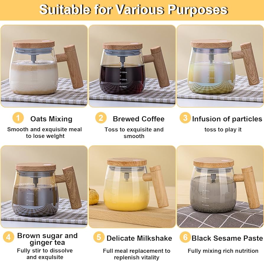 Self-Stirring 400ml Electric Mug – Glass Mixing Cup for Coffee, Milk & Protein Powder | Travel & Office Friendly | High Borosilicate Glass