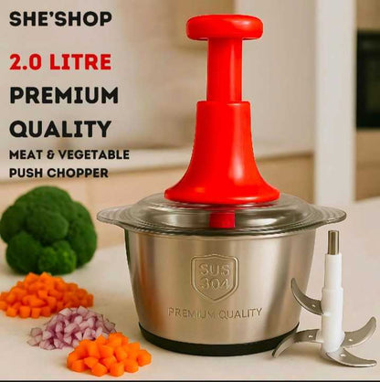 2L Manual Food Chopper – Stainless Steel Bowl & 4 Sharp Blades | Vegetable, Onion, Meat & Garlic Chopper | Easy Hand Pull