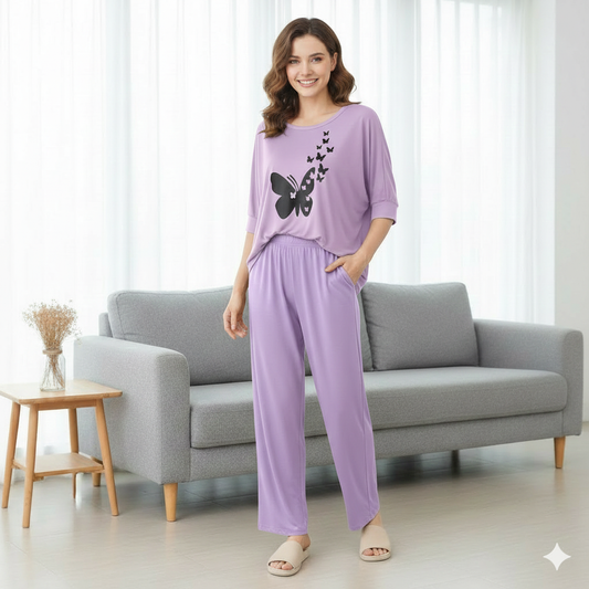 Women’s 2-Piece Butterfly Printed Night Suit – Soft & Breathable Lounge Wear PJ Set