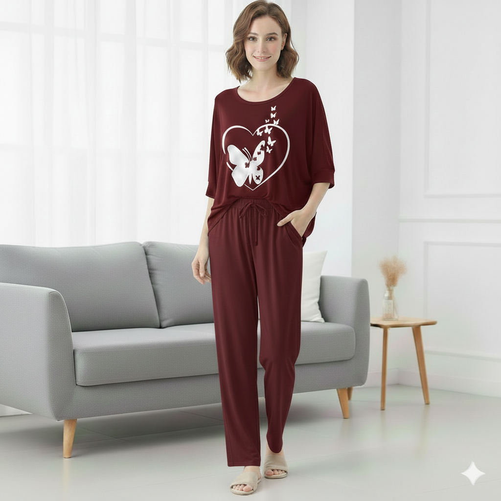 Women’s 2-Piece Butterfly Printed Night Suit – Soft & Breathable Lounge Wear PJ Set