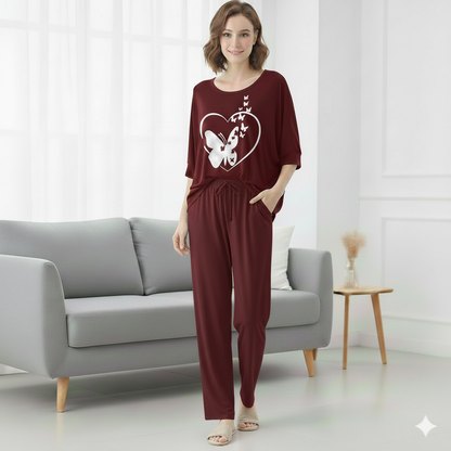 Women’s 2-Piece Butterfly Printed Night Suit – Soft & Breathable Lounge Wear PJ Set