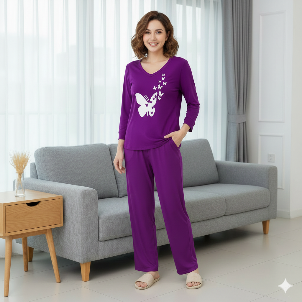 Women’s 2-Piece Butterfly Printed Night Suit – Soft & Breathable Lounge Wear PJ Set