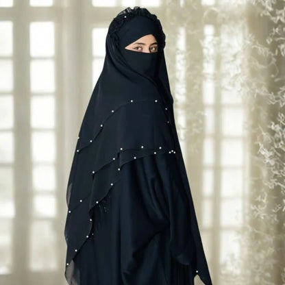 Three Layer Khimar with Niqab – Midnight Black Abaya Style Khimar with Crown & Pearl Embellishment