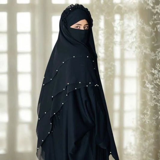Three Layer Khimar with Niqab – Midnight Black Abaya Style Khimar with Crown & Pearl Embellishment