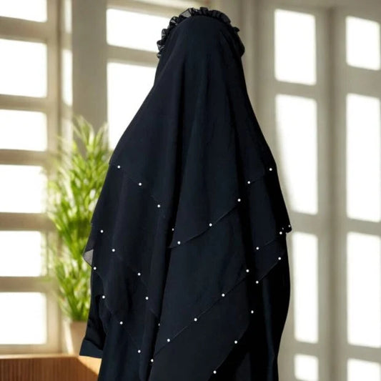 Three Layer Khimar with Niqab – Midnight Black Abaya Style Khimar with Crown & Pearl Embellishment