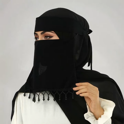 (New) Arabic Style Premium Hijab Niqab Patti Forehead Cover V Shape Nosepiece Canvas Pardah With Diamond Lace Hand Work