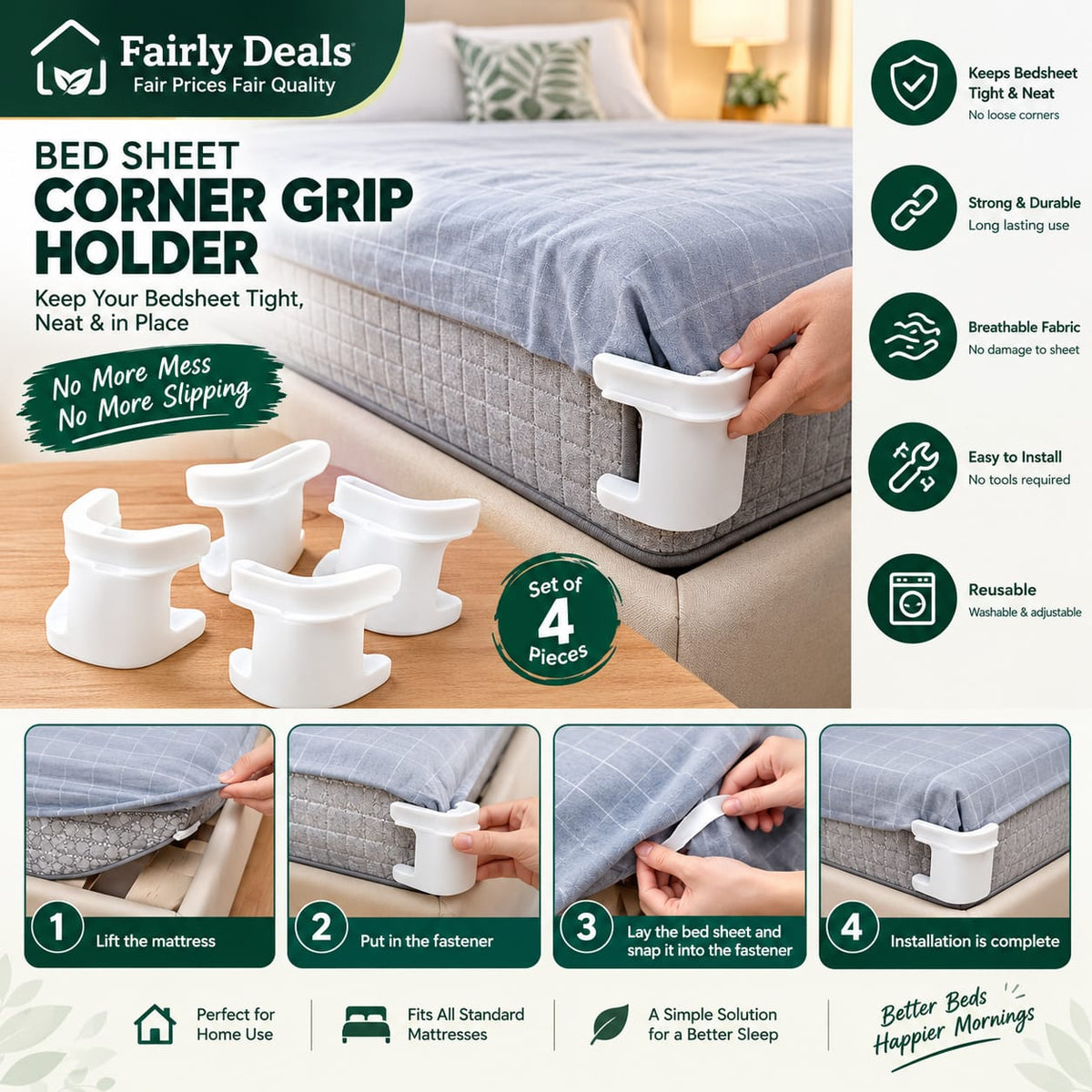 Bed Sheet Fasteners Clips – Anti-Slip Mattress Corner Sheet Holders (Set of 4)