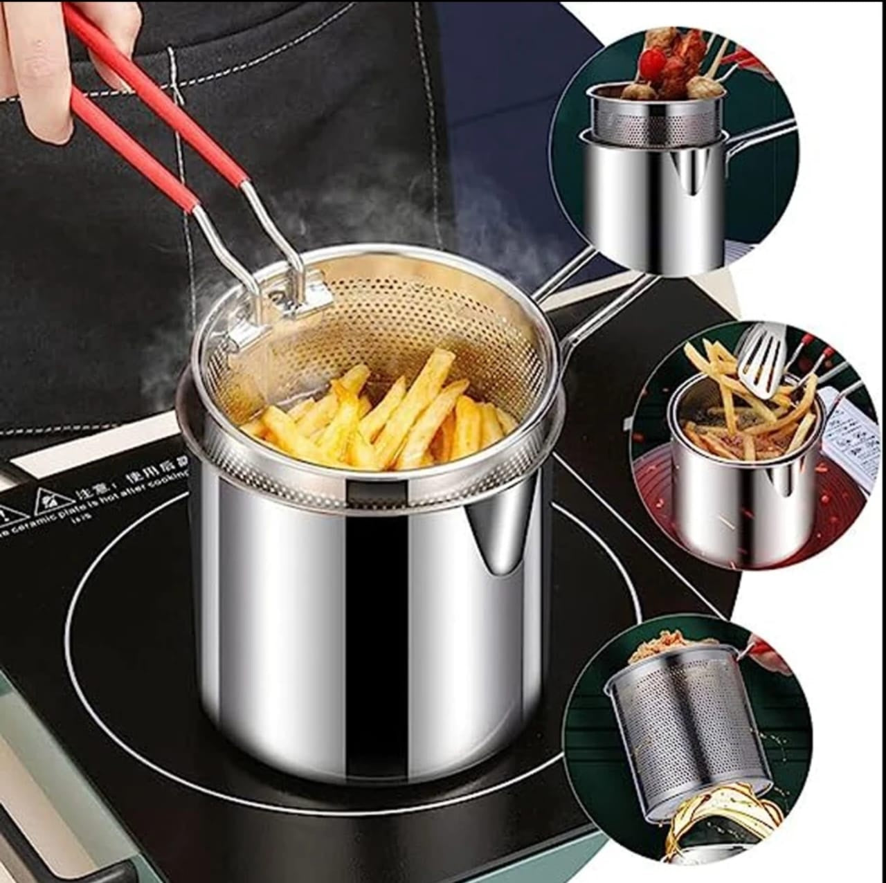 Stainless Steel Deep Fryer with Strainer Basket – 1200ml Oil Pot | Frying & Oil Draining Pot for Kitchen Use