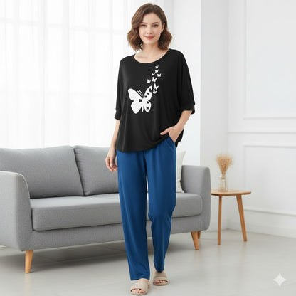 Women’s 2-Piece Butterfly Printed Night Suit – Soft & Breathable Lounge Wear PJ Set