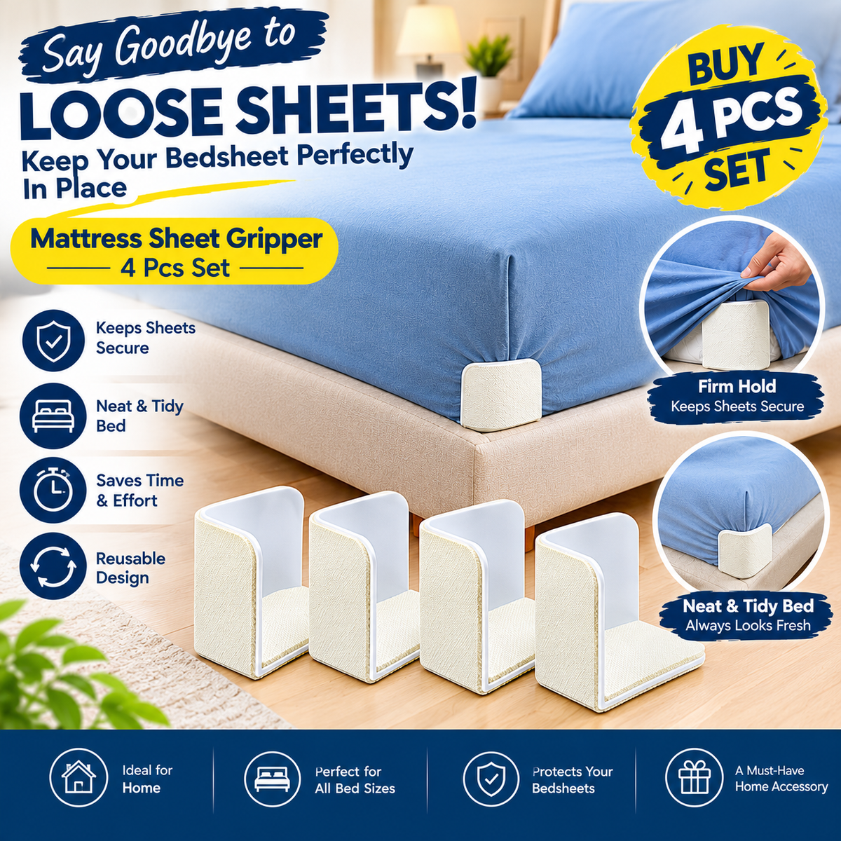 Bed Sheet Fasteners Clips – Anti-Slip Mattress Corner Sheet Holders (Set of 4)