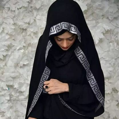 Black Irani Chadar With Border Stone Work Golden-Silver Full Length and Width High Chiffon