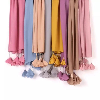 Premium Quality Chiffon Stoler with Tassels - Elegant Hijab Scarf