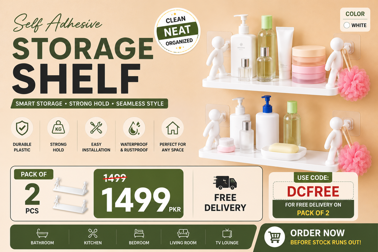 Pack of 2 Self Adhesive Storage Shelves