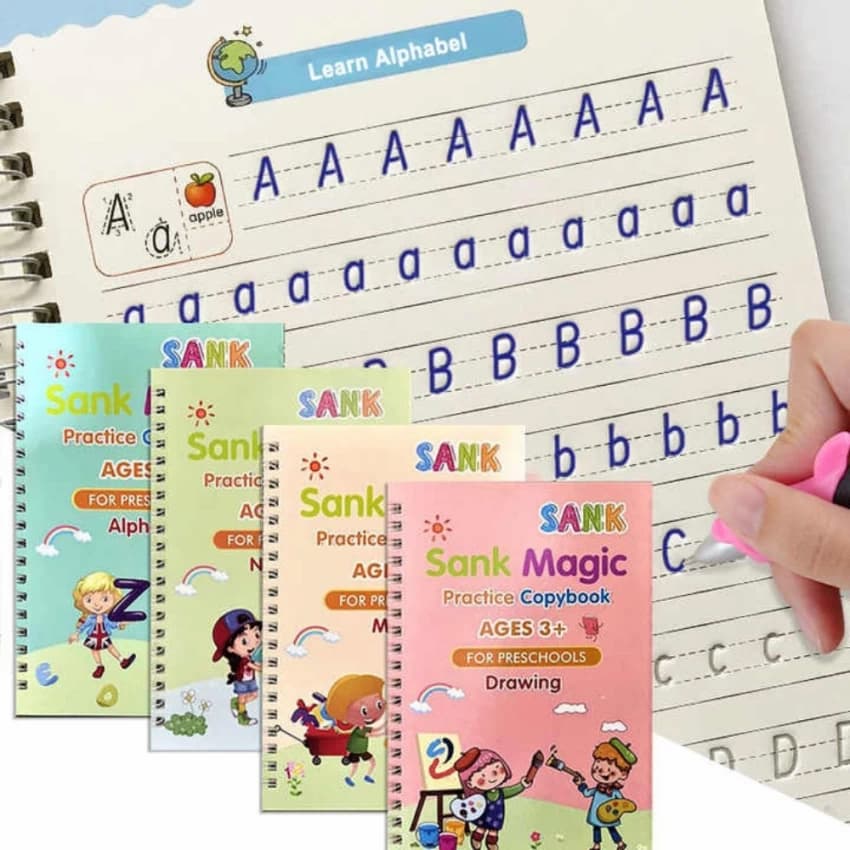 Magic Practice Book – Handwriting Tracing (4 Books + 10 Ink Refills) | Reusable for Kids