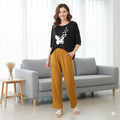 Women’s 2-Piece Butterfly Printed Night Suit – Soft & Breathable Lounge Wear PJ Set