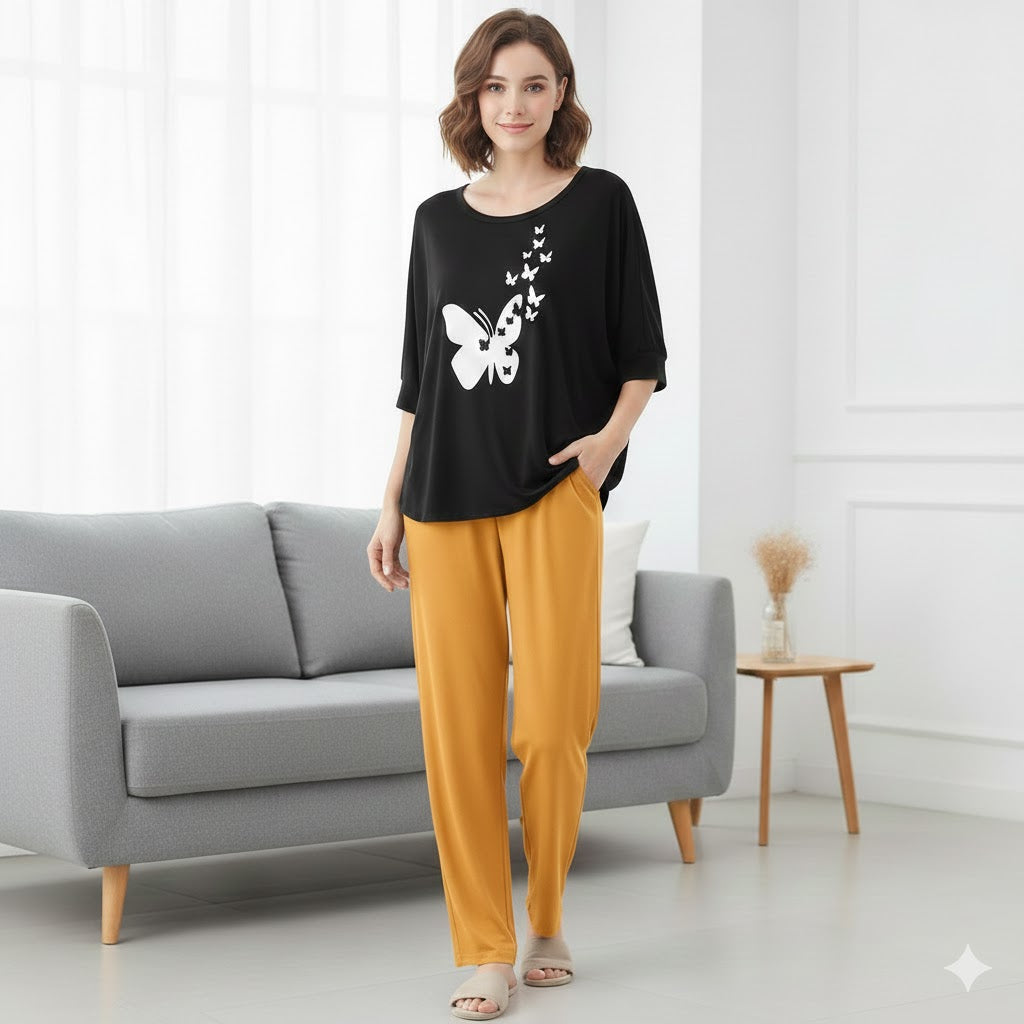Women’s 2-Piece Butterfly Printed Night Suit – Soft & Breathable Lounge Wear PJ Set