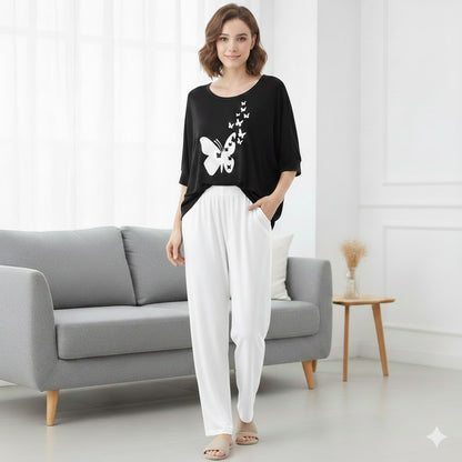 Women’s 2-Piece Butterfly Printed Night Suit – Soft & Breathable Lounge Wear PJ Set
