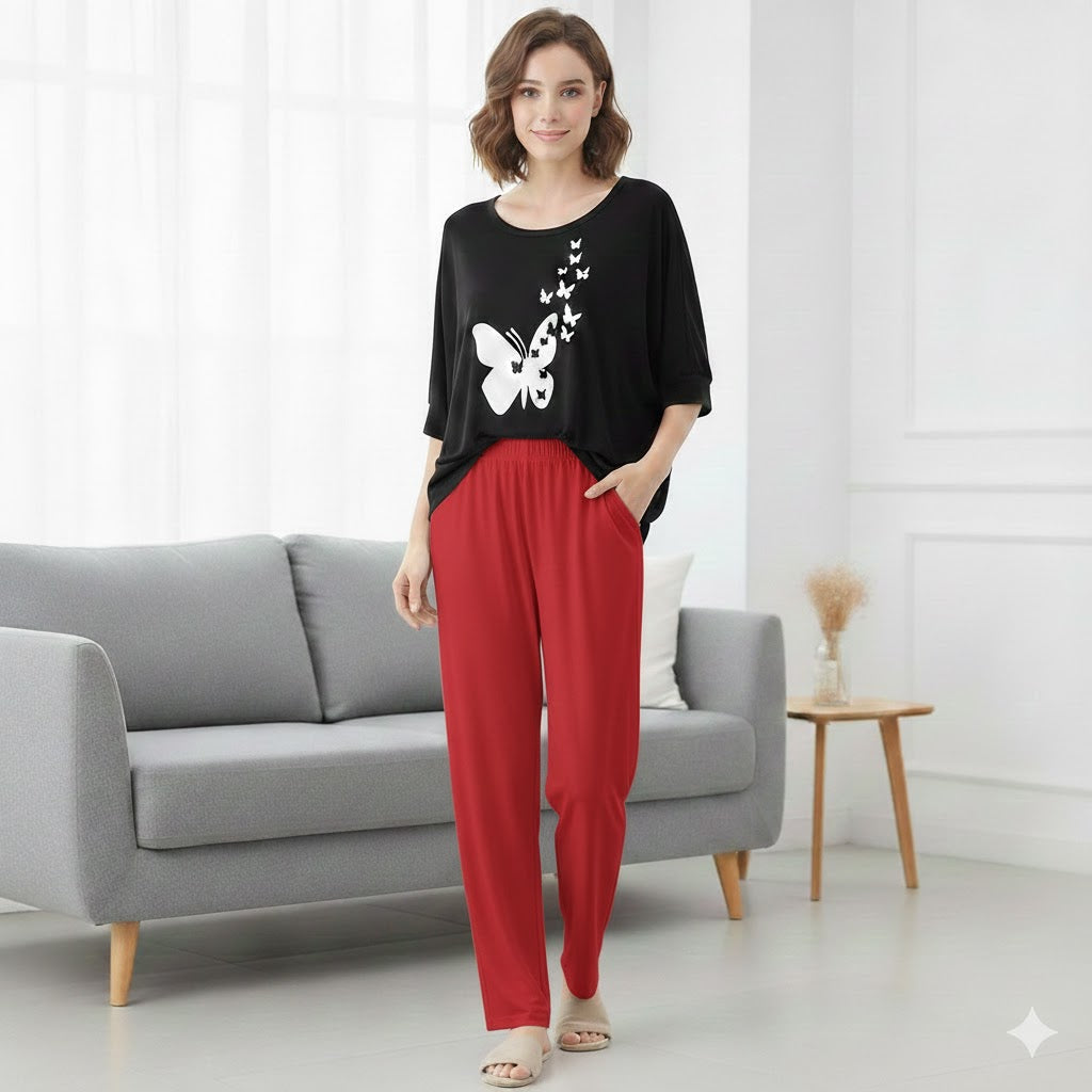 Women’s 2-Piece Butterfly Printed Night Suit – Soft & Breathable Lounge Wear PJ Set