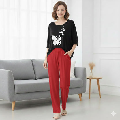 Women’s 2-Piece Butterfly Printed Night Suit – Soft & Breathable Lounge Wear PJ Set