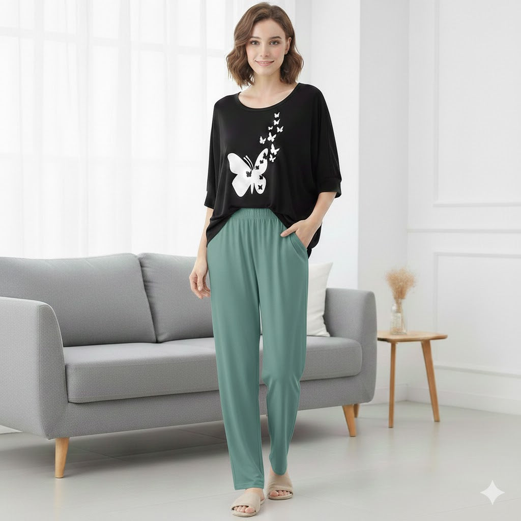Women’s 2-Piece Butterfly Printed Night Suit – Soft & Breathable Lounge Wear PJ Set