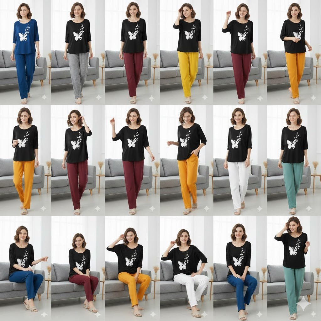 Women’s 2-Piece Butterfly Printed Night Suit – Soft & Breathable Lounge Wear PJ Set